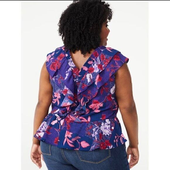 Sofia Vergara Top Womens XXL Blue Pink Floral Sleeveless Ruffle Blouse - Picture 2 of 12